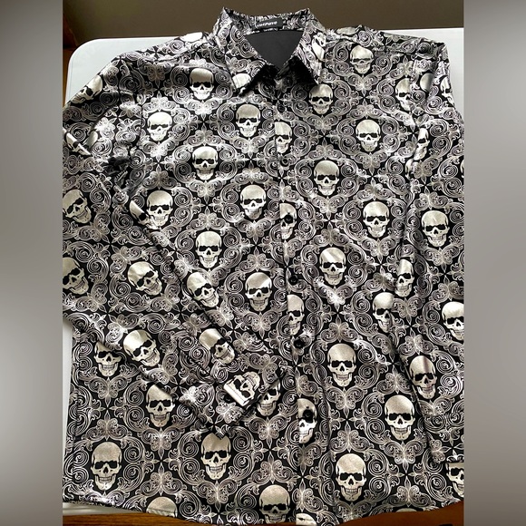💀 METALLIC SKULL SHIRT 💀 BLK & SLV, MEN’S BUTTON-UP SHIRT by VATPAVE - Picture 5 of 7
